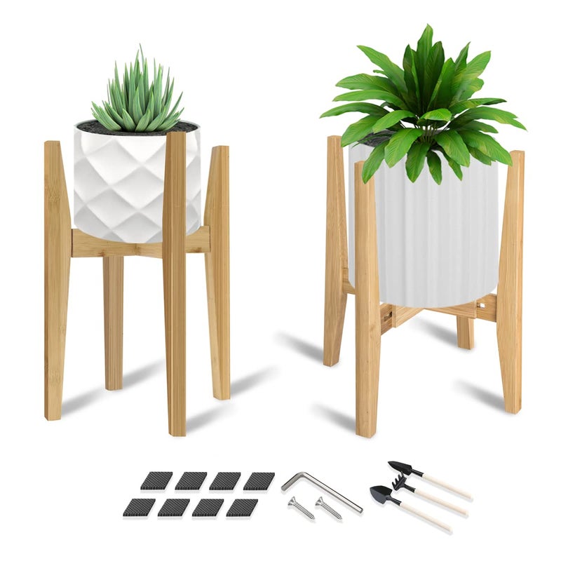 OERGKE 2 PACK Adjustable Plant Stand Indoor  Bamboo Mid Century Modern Plants Stands  Corner Flower Holder for Living Room  Fits 8 to 12 Inches Pots  (Pot & Plant Not Included)(Nature) - Image 1